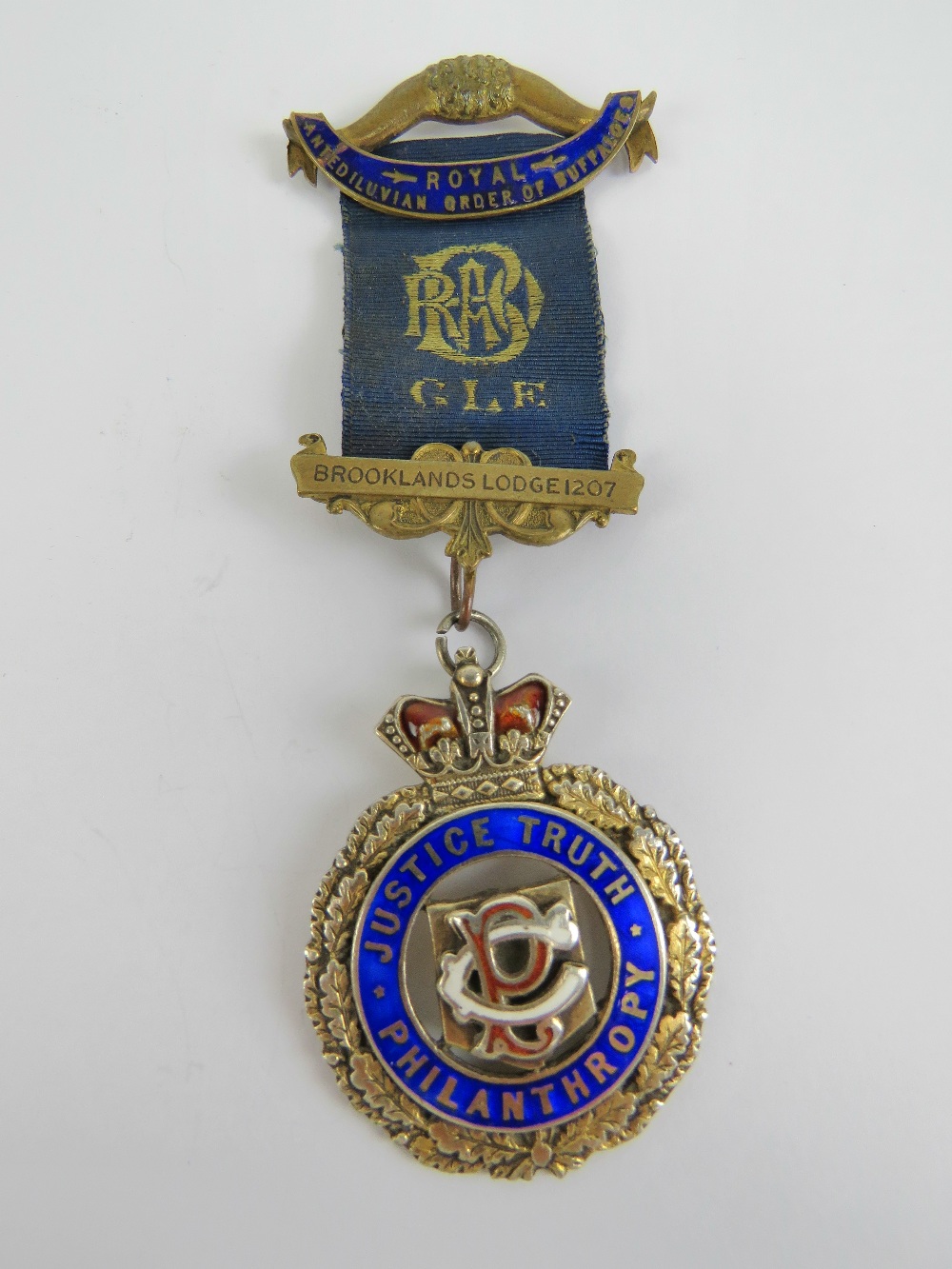 Royal Antediluvian Order of Buffaloes; Brooklands Lodge No 1207 medal having HM silver jewel below,