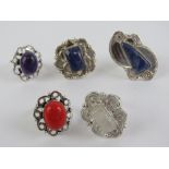 Five hardstone rings each stamped 925, size Q-R, including moonstone and lapis lazuli.