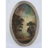 Cabinet oval portrait easel frame: an oval oil on paper in a steel framed (cabinet sized) easel