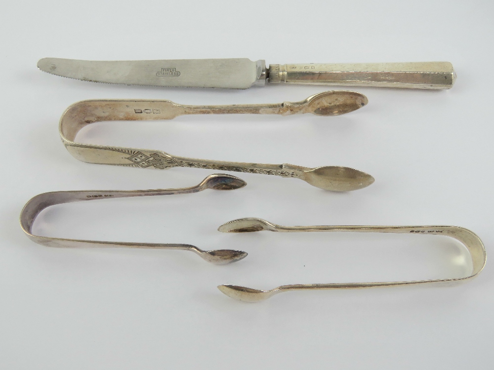 Three pairs of HM silver sugar tongs, largest hallmarked London 1826,