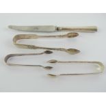 Three pairs of HM silver sugar tongs, largest hallmarked London 1826,