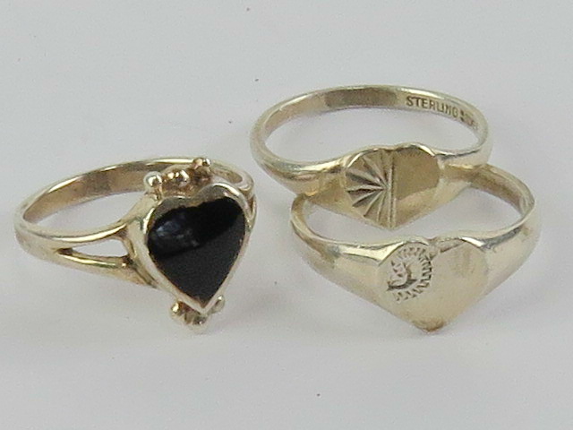 Two sterling silver heart shaped signet rings, size N,