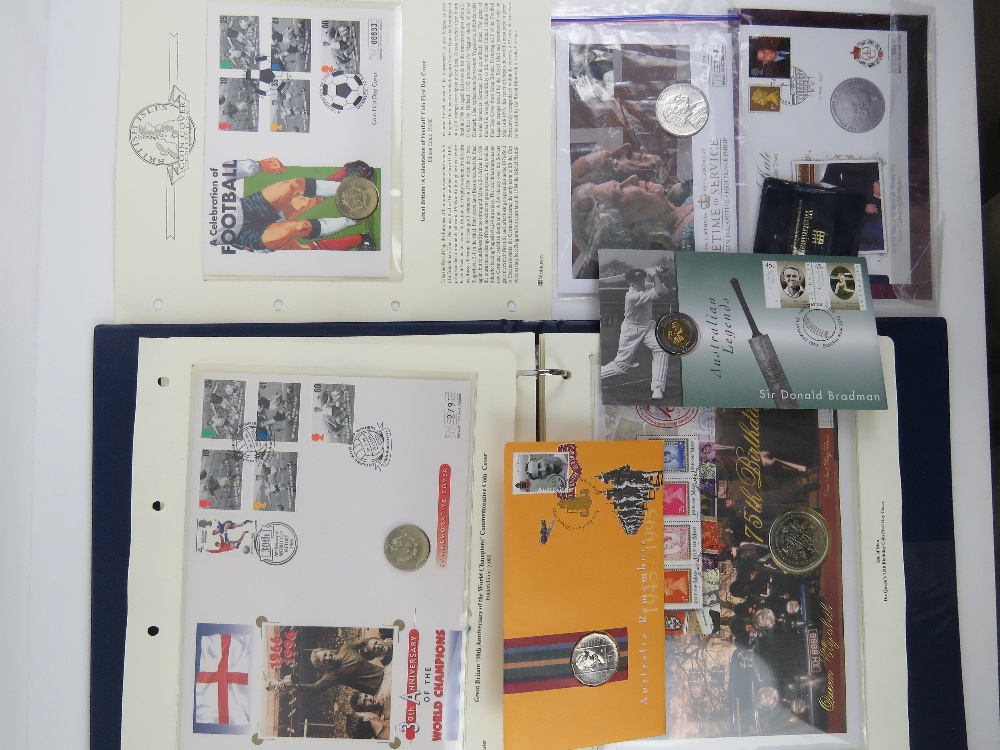 A quantity of first day covers with commemorative coins, most within album, thirteen items.