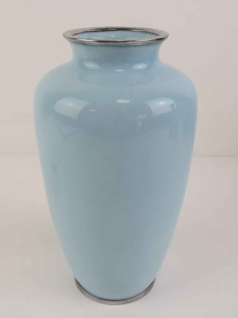 A delightful powder blue shoulder vase decorated with roses upon, having plated collar and base, - Image 3 of 3