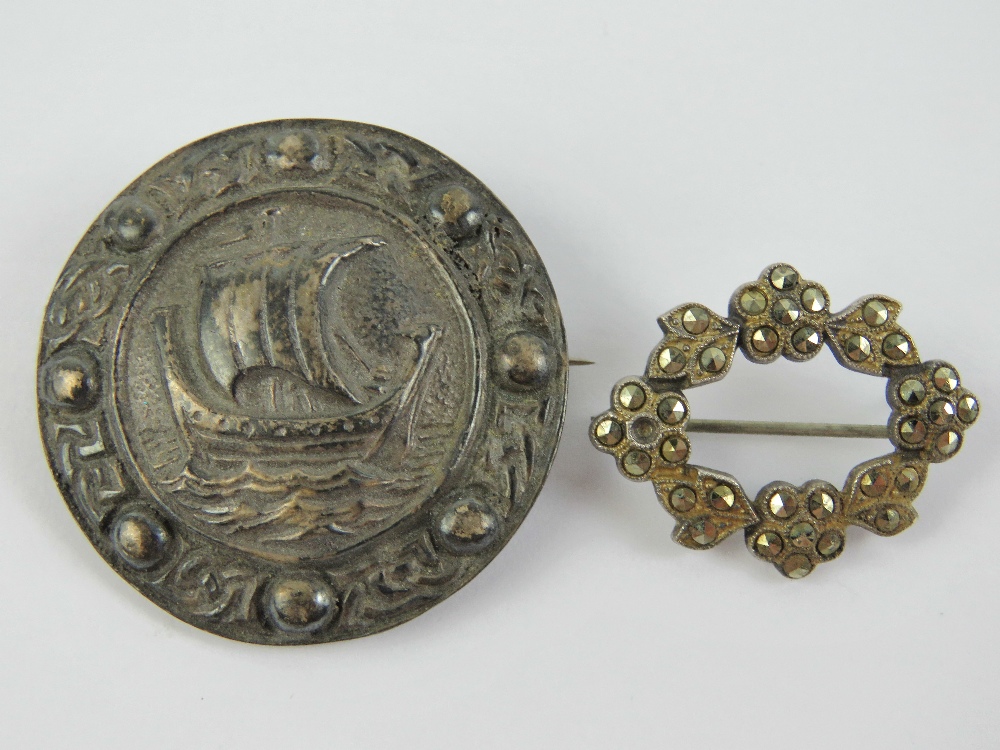 A HM silver brooch having Viking ship design upon, 36mm dia,