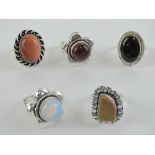 Five hardstone rings each stamped 925, size M-N, including gold stone and onyx.