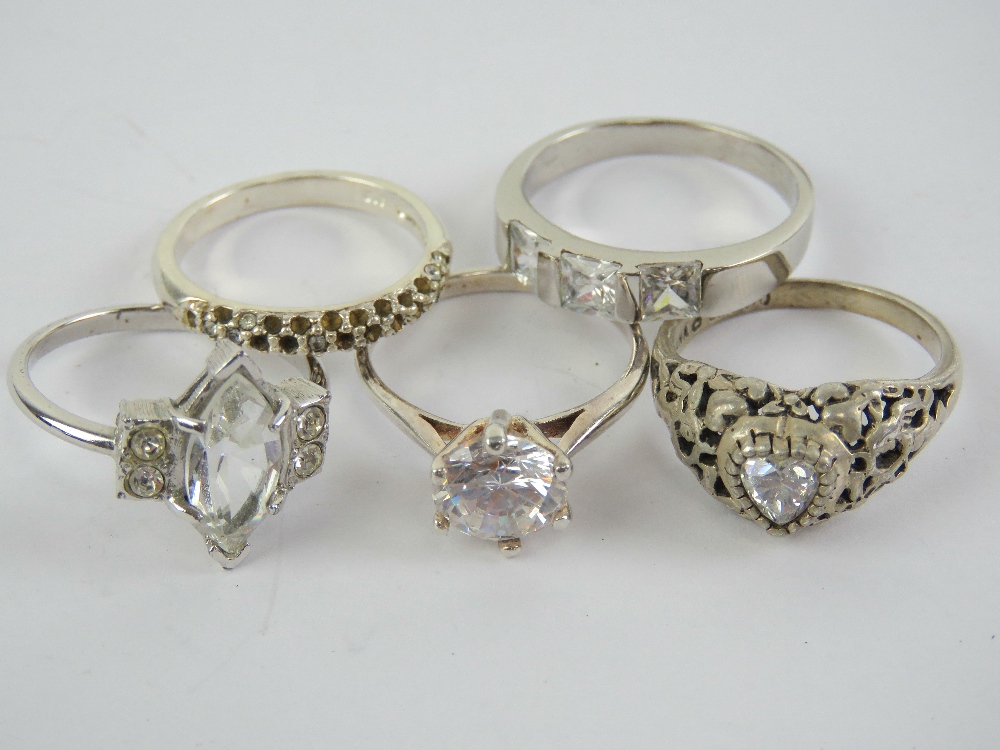 Two silver and single white stone rings, size L-M, together with a silver white stone ring a/f,