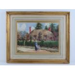 Watercolour; thatched cottage with rose trees, figures before, signed lower left OEM Cliffe 1918(?),