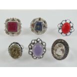 Six hardstone rings each stamped 925, size Q-R, including rose quartz and lapis lazuli.