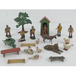 A quantity of assorted Britains hand painted figurines including figures, geese, donkey, tree,
