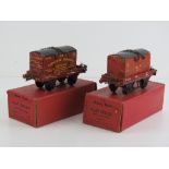 Two Hornby trains 0 gauge flat trucks with container.