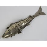 An Indian white metal articulated fish attar-dan, Bengal, probably Monghyr, late 19th century,