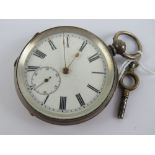 A HM silver key wind pocket watch having white enamel dial with subsidiary seconds dial,