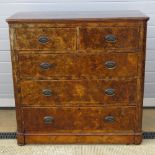 A faux walnut chest of two short ofver three long drawers having brass escutcheon plates and drop