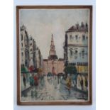 Oil on board; mid 20th century French street scene, signed lower right, 40.5 x 29.5cm.