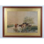 Watercolour; cattle grazing in a water meadow, river, willow tree and buildings beyond etc,