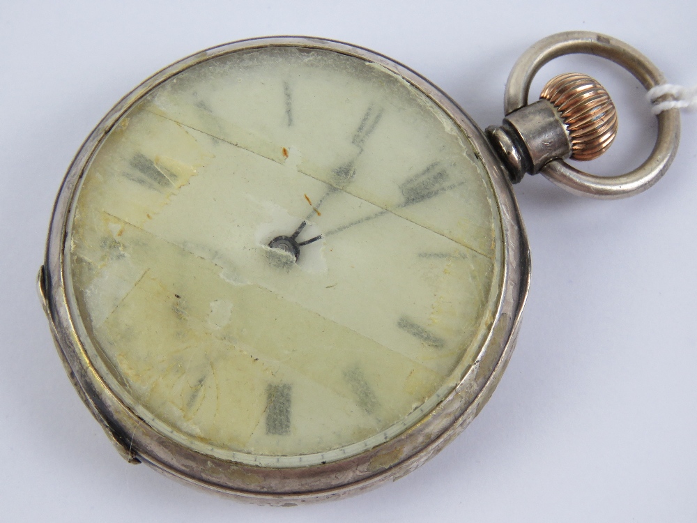 A HM silver top wind pocket watch having white enamel dial with blued steel hands and subsidiary