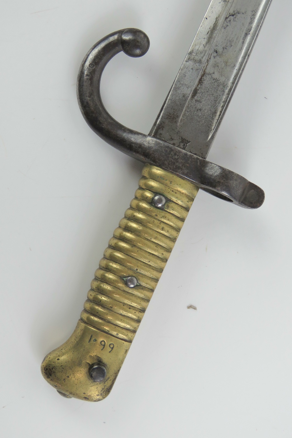 A Remington rolling block bayonet with brass grip, 57cm blade, with quillian, with scabbard. - Image 5 of 7