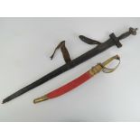 An Indian sword having brass horse head grip together with a Sudense? sword having leather covered