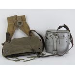 A reproduction WWII German A frame bag and mess tin.