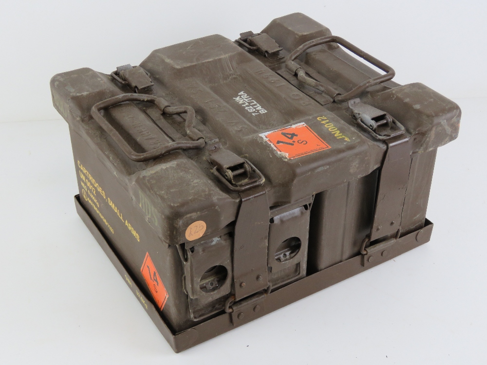 A British Military 7.62 ammo carrier with four ammo tins.