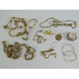 A quantity of assorted gold and yellow metal jewellery a/f. Includes 14ct gold chain, 7.