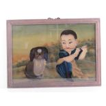 An Oriental painting on glass, young child with bamboo flute, Pekingese beside, unsinged, 33 x 48cm.