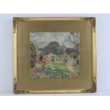 Watercolour; floral garden scene, lawn with flowers, bushes and sky beyond,