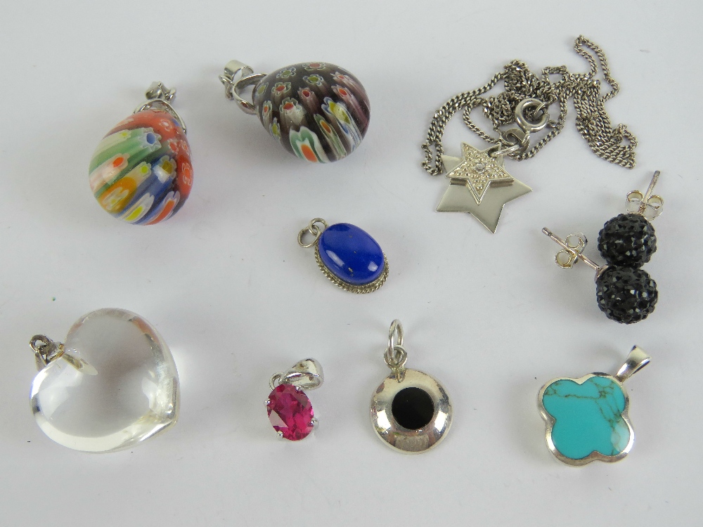 Two millefiori glass teardrop pendants together with a crystal heart-shaped pendant having 925