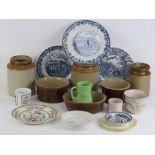 A quantity of salt glazed pottery including three dishes and three pots.