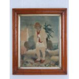 A late 18thC painted silk and wool embroidery depicting a man in front of farmhouse,