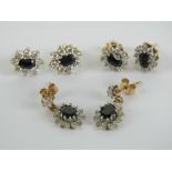 Two pairs of 9ct gold sapphire daisy cluster earrings,
