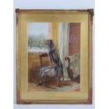 Watercolour; 'Pining for Master' dog looking pensively out of a window, masters slippers beneath,