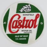 A cast wall sign marked 'Castrol Isle of Man TT Races' painted in red,