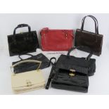 Two vintage leather Harrods of London handbags, together with a Russell & Bromley leather handbag,