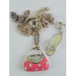 A 925 enamelled silver pendant in the form of a handbag, on 925 silver chain,