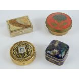 A floral cloisonné pill box, 3cm wide together with three other assorted contemporary lidded boxes.