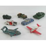 Seven assorted Dinky Toys in play worn condition including; Thunderbird 2, Centurion Tank,