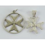 Two Maltese cross pendants, 925 filigree 3cm in length, 917 Maltese hallmark 3.7cm including bale.