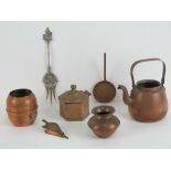 A quantity of assorted miniature copper items inc vase, frying pan, fire bellows,