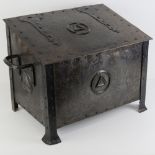 A heavy duty log box, lid lifting to reveal liner within having cast iron end handles, riveted legs,