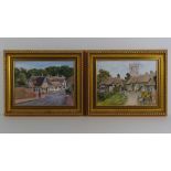 A pair of contemporary oil on board paintings of village scenes,