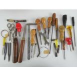 A quantity of vintage piano tuners tools and implements including tuning wrenches (various sizes)