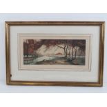 Print; Autumnal riverside scene, buildings beyond, signed indistinct lower right 12 x 29cm.