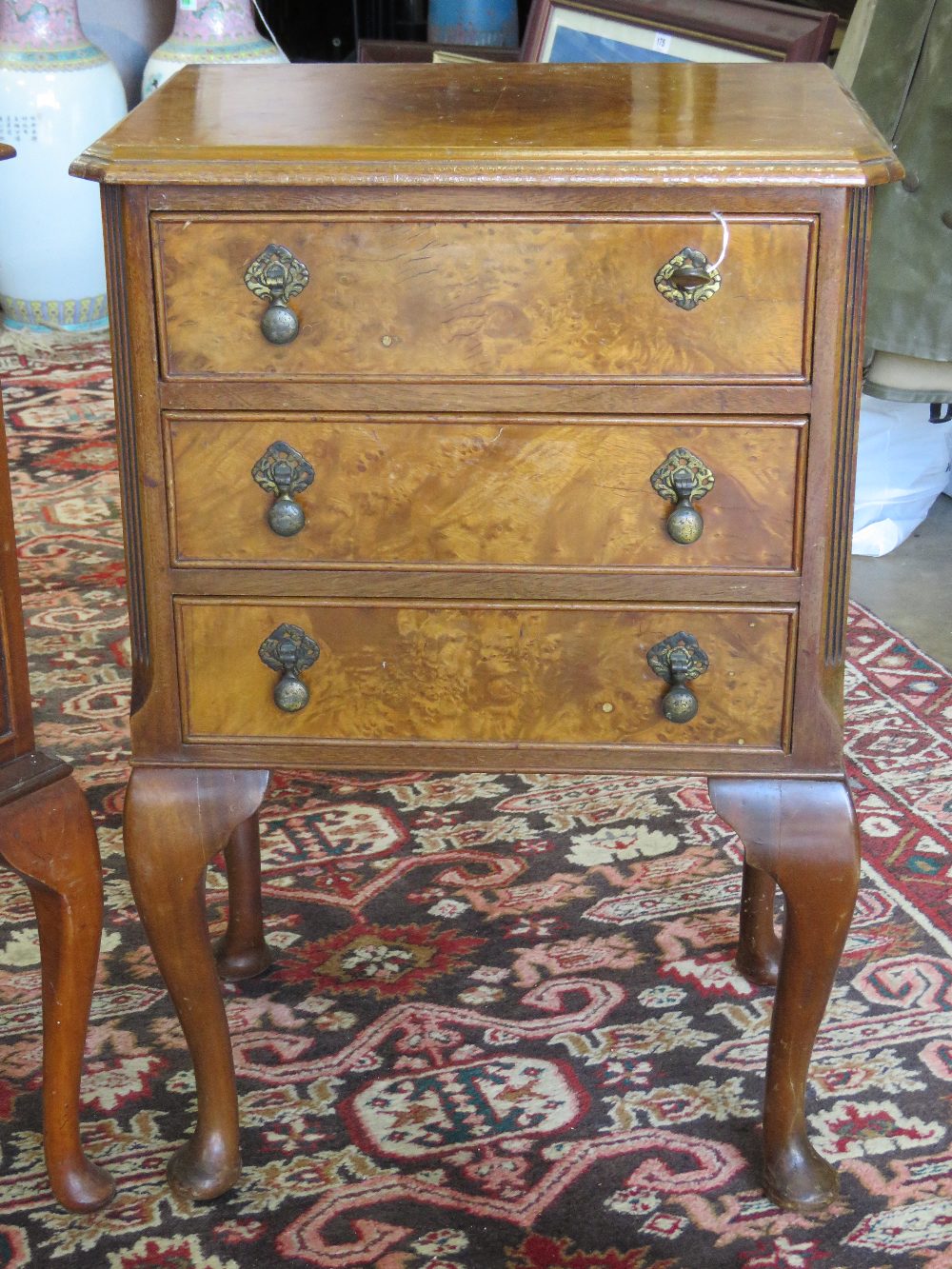 A half veneered walnut chest of three drawers raised over Queen Anne style legs, 45 x 33 x 68cm, - Image 3 of 3