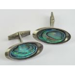 A pair of sterling silver and abalone shell cuff links stamped STG925, 3cm wide.