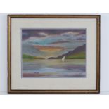 Pastel; Ullswater by Joan Butler, boat upon lake, mountains and sky beyond, signed lower right. 29.