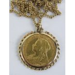 A 22ct gold full sovereign, Victoria 1899, 8g, in yellow metal pendant mount,