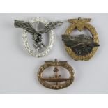 Three reproduction WWII German badges; Pilots, E-Boat and U-boat.