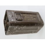 A British Army 40mm Bofors transit steel case having labels and stencilling upon.